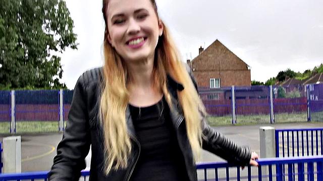 Watch Misha Cross take a massive facial outdoors in leather thong