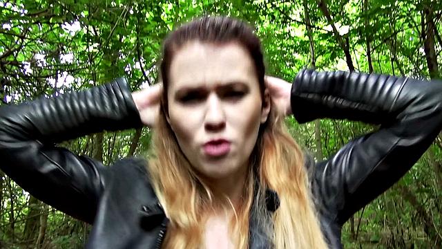 Watch Misha Cross take a massive facial outdoors in leather thong