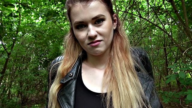Watch Misha Cross take a massive facial outdoors in leather thong