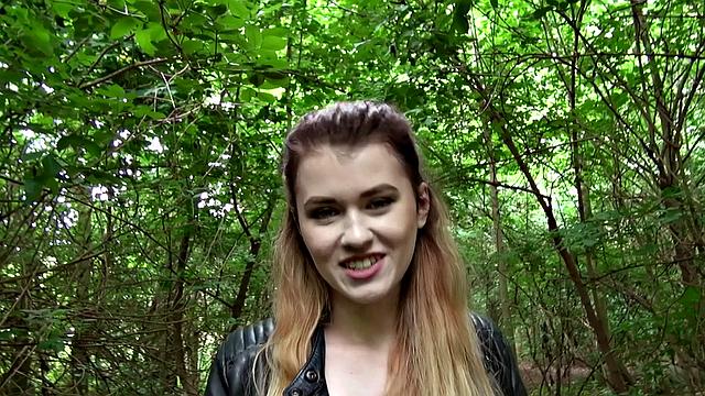 Watch Misha Cross take a massive facial outdoors in leather thong