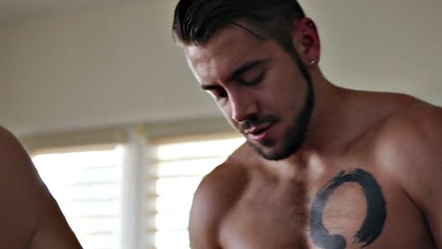 Busty tattooed shemale in bra barebacked by partner after blowjob