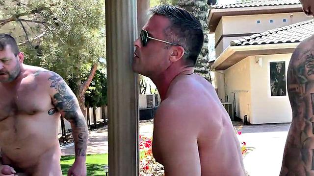 Hunk outdoor ravaged in orgy