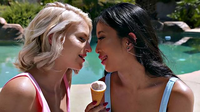 Hot brunettes and blonde play in the kitchen, licking each other's pussy & scissoring with high heels