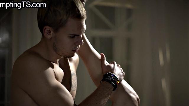 Busty inked TS barebacked by stud after cocksucking