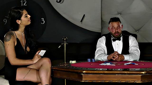 Sexy tattooed babe in high heels and dress enjoys black and 69 in the casino