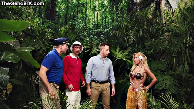 Big-titted blonde shared by 3 dicks