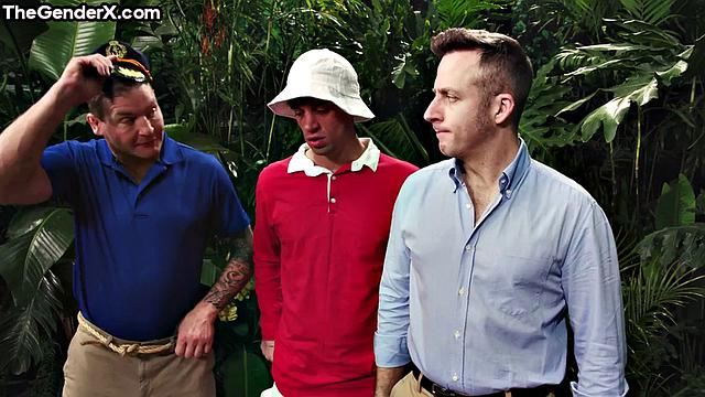 Big-titted blonde shared by 3 dicks