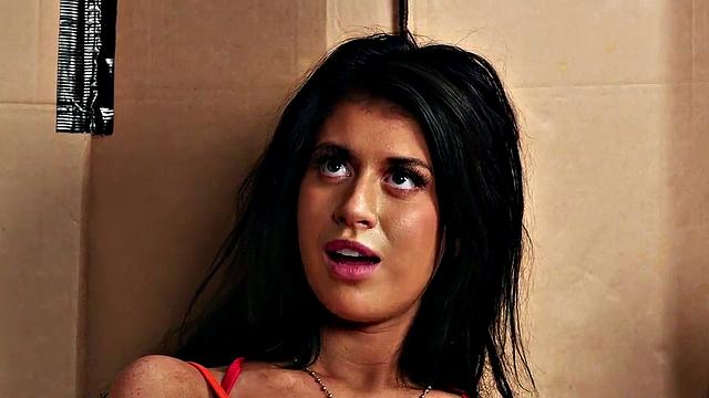 Voyeur busty babe in heels teases man who jerks cock on her