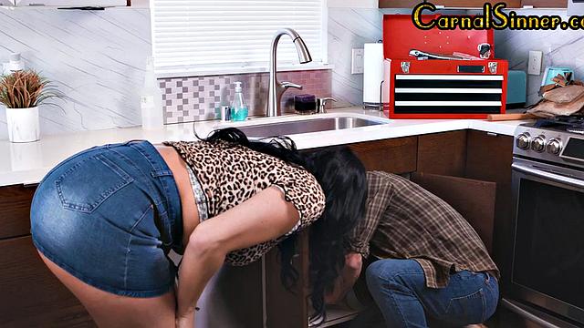 Stunning MILF gets banged in hairy pussy by plumber