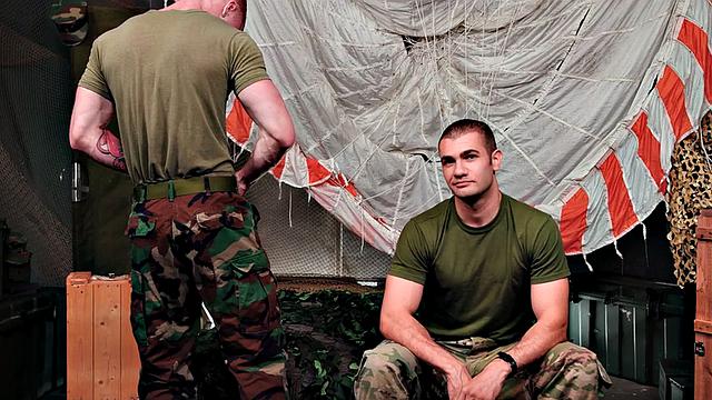 Bottom gay soldier barebacked on duty by army mate