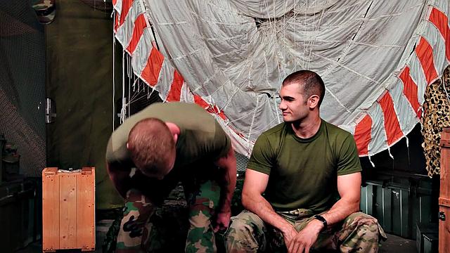 Bottom gay soldier barebacked on duty by army mate