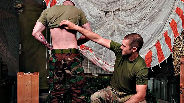 Bottom gay soldier barebacked on duty by army mate