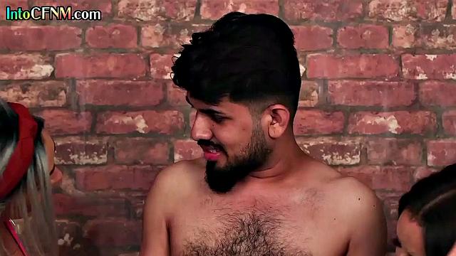 Athletic CFNM babes wanking a lucky guy