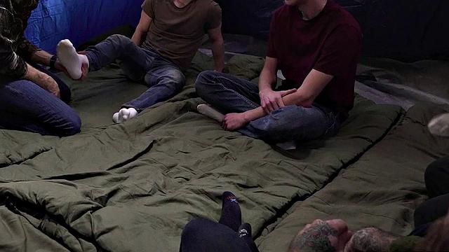 Military stepdads fuck twinks in orgy under tent