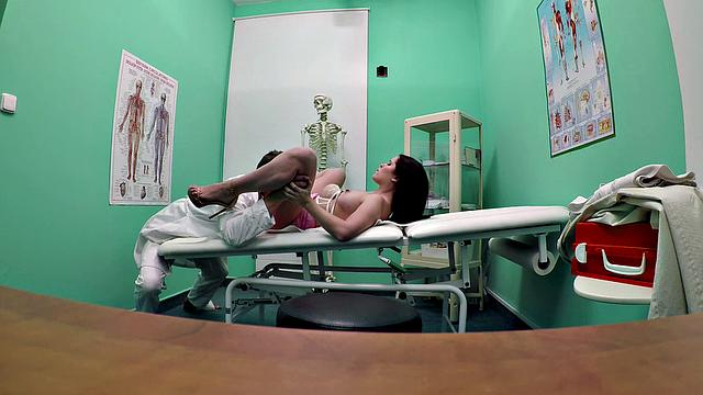 Russian babe gets her tight pussy pounded by the doctor in high heels and tattoos