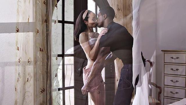 A black teen with small tits and a bald pussy get off in doggy and cowgirl positions