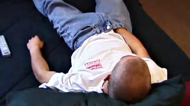 The shaved head and naughty but nice Kenny gets to work on his thick cock