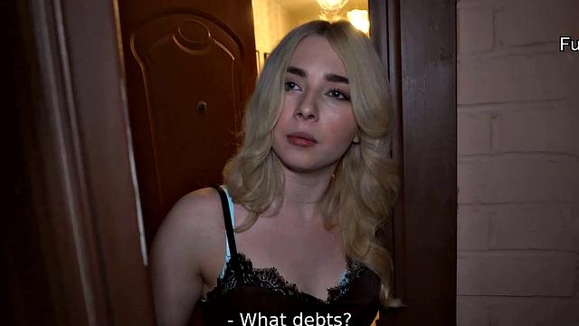 DEBT4k. Blonde drilled by collector after buying too much furniture