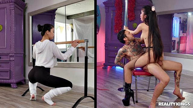 Джейд Куш в обтягивающих леггинсах танцует и трахается на сцене клуба с большим членом партнера.