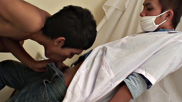 Sucking Asian twink before bareback sex with doctor