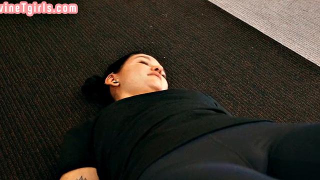 Divine Trans bigtitted babe fucked bareback in gym