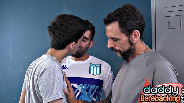 Barebacking DILFS fuck twink in public locker room 3some