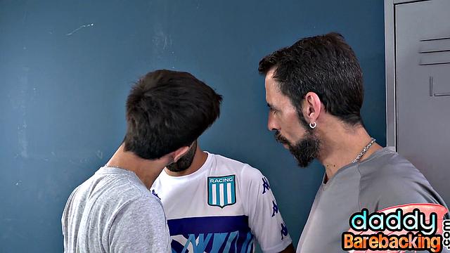 Barebacking DILFS fuck twink in public locker room 3some