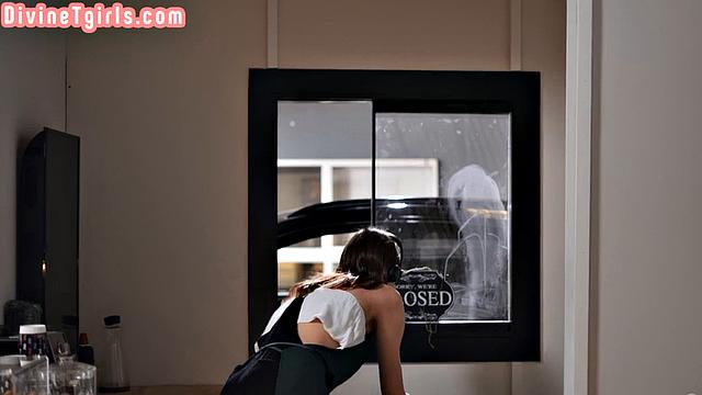 Counter tgirl pounded by customer