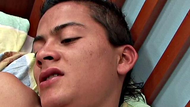 Petite Latino fingers asshole and jerks cock at home