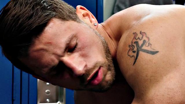 IR locker room jock with athletic body barebacked