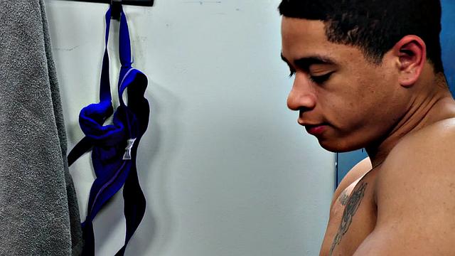 IR locker room jock with athletic body barebacked
