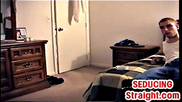 Seduced str8 stud with hairy cock sucked by man at home