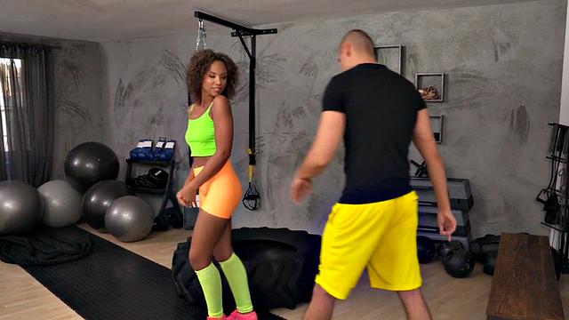 Sinful ebony rammed by trainer after workout