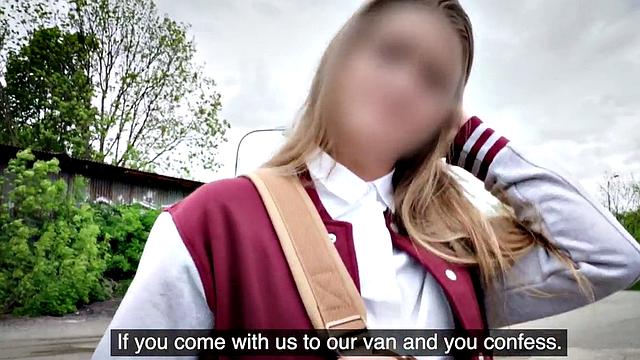 Picked up college babe fucks fake priest in the back of a van