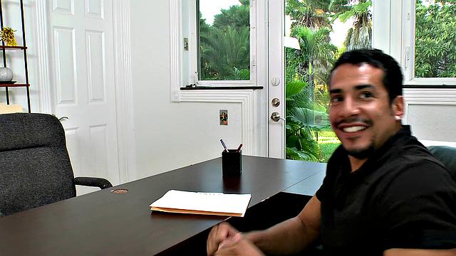 Curvy Latina with smiley earrings gets her bald pussy pounded in shorts at the indoors table