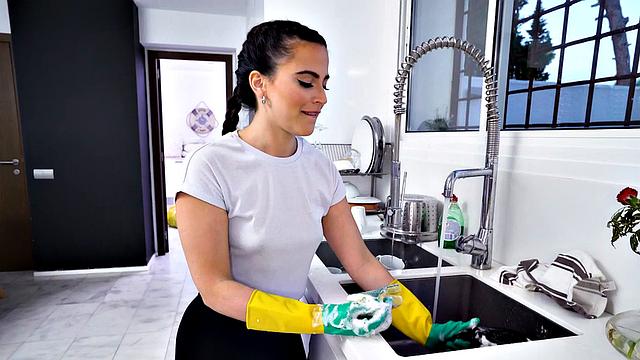 POV: Young brunette cleaning lady with big ass and pigtails gets drilled doggystyle by BWC