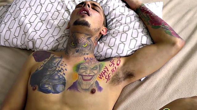 Inked stud 1st time rimmed and fucked by gay stud