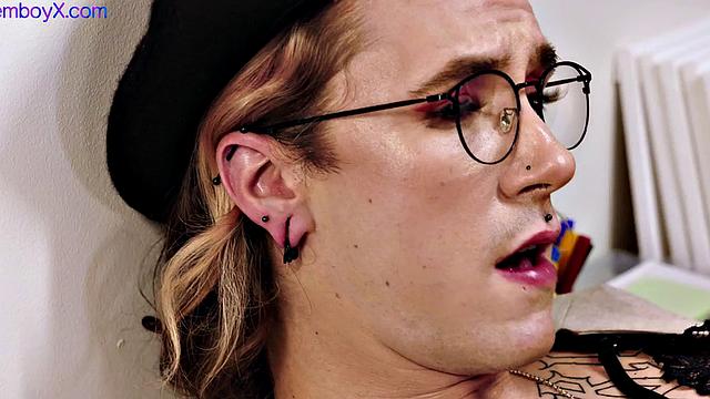 Lingerie femboy gets bareback in art gallery