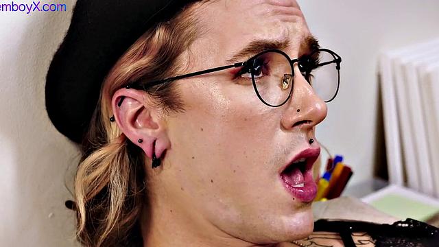 Lingerie femboy gets bareback in art gallery