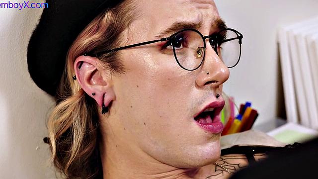 Lingerie femboy gets bareback in art gallery