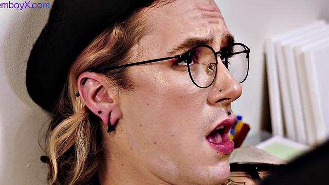 Lingerie femboy gets bareback in art gallery