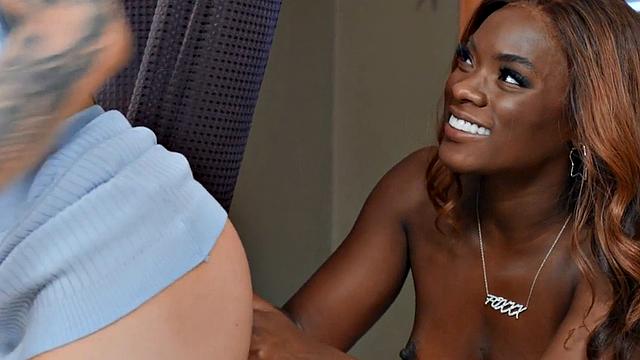 Big-titted transgender fucks female in bathroom