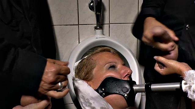 Humiliated BDSM MILF pissed and fucked in public