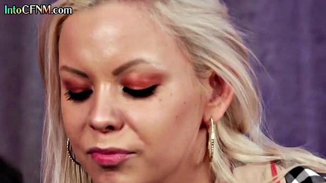 Nasty CFNM babes give blowjob to stud