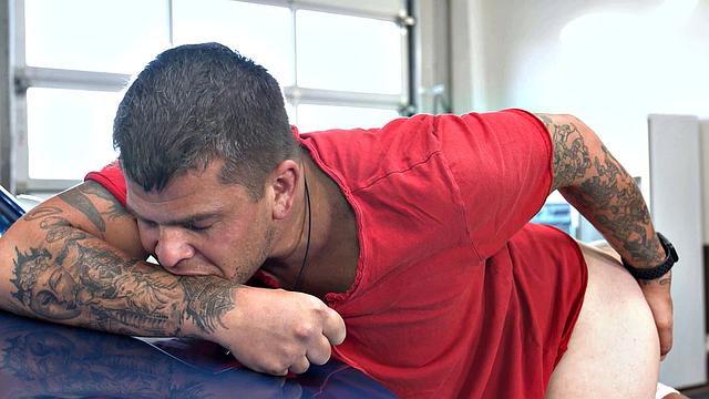 Mechanic has had a hard day but rimming by wife makes it great