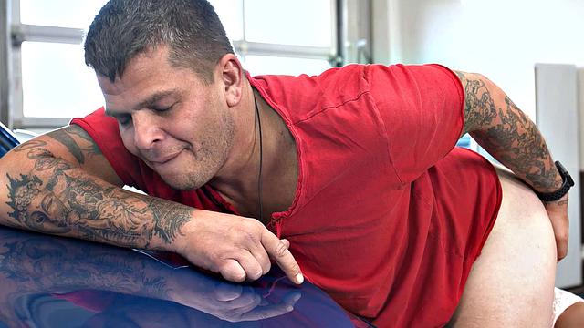 Mechanic has had a hard day but rimming by wife makes it great