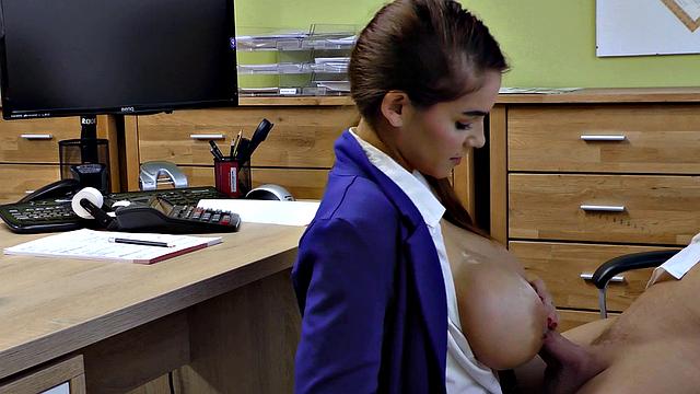 Busty Czech MILF pays for her boobs with a steamy office sex session