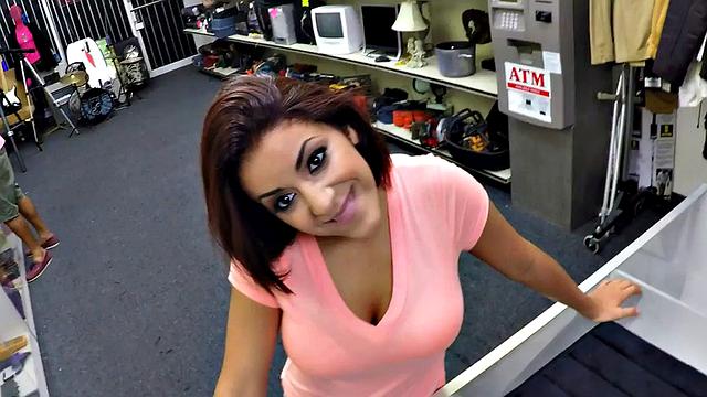 Pierced titted pawnshop customer throat boss in office