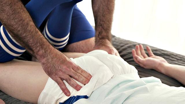 Handsome DILF in jockstrap barebacked by twink