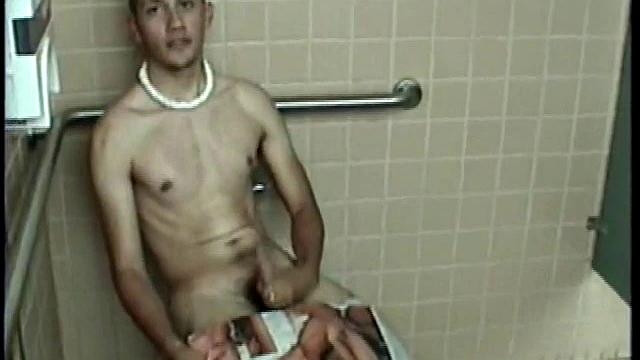 Straight boy Ethan needs to relieve the pressure. So, he goes into a public toilet to jack off.